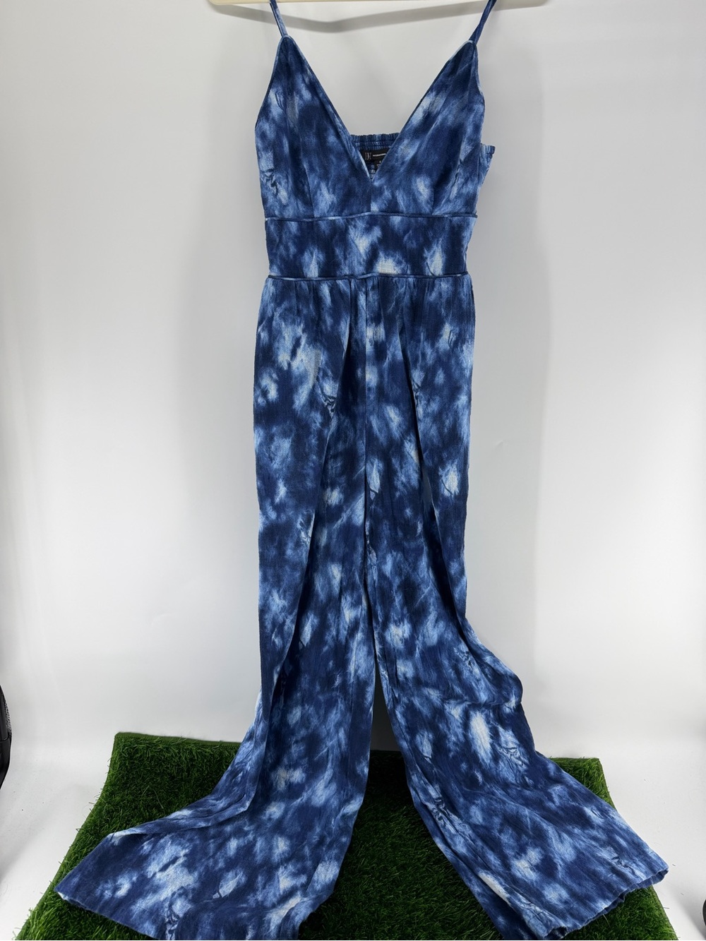 INC International Concepts Blue Tie Dye Wide Leg Slit Jumpsuit Small Smocked - Picture 2 of 5